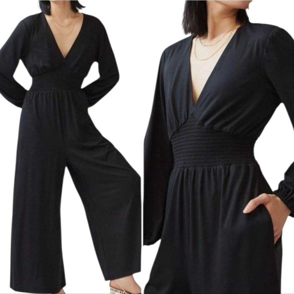 Hutch Anthropologie Black Smocked Front Wide Leg Jumpsuit Women's Size M